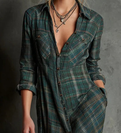 Green Plaid Lapel Single-Breasted Shirt Long Dress