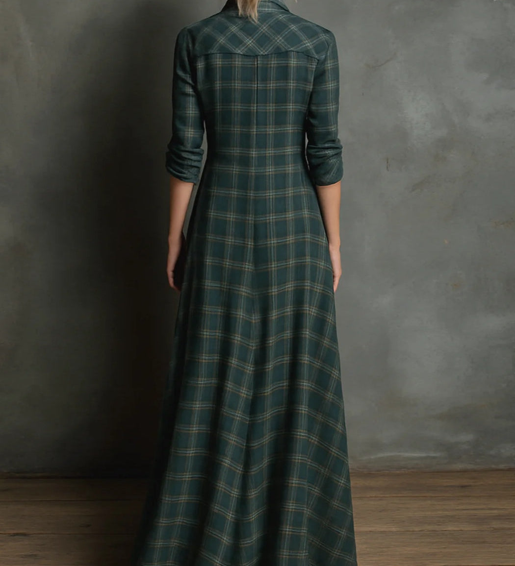 Green Plaid Lapel Single-Breasted Shirt Long Dress
