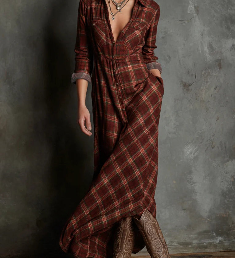 Green Plaid Lapel Single-Breasted Shirt Long Dress