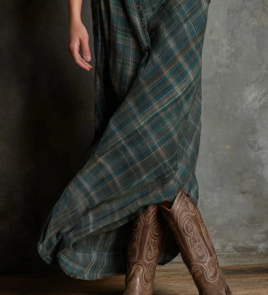 Green Plaid Lapel Single-Breasted Shirt Long Dress
