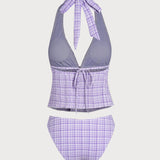 Violetinis gilaus V formos languotas tankini komplektas